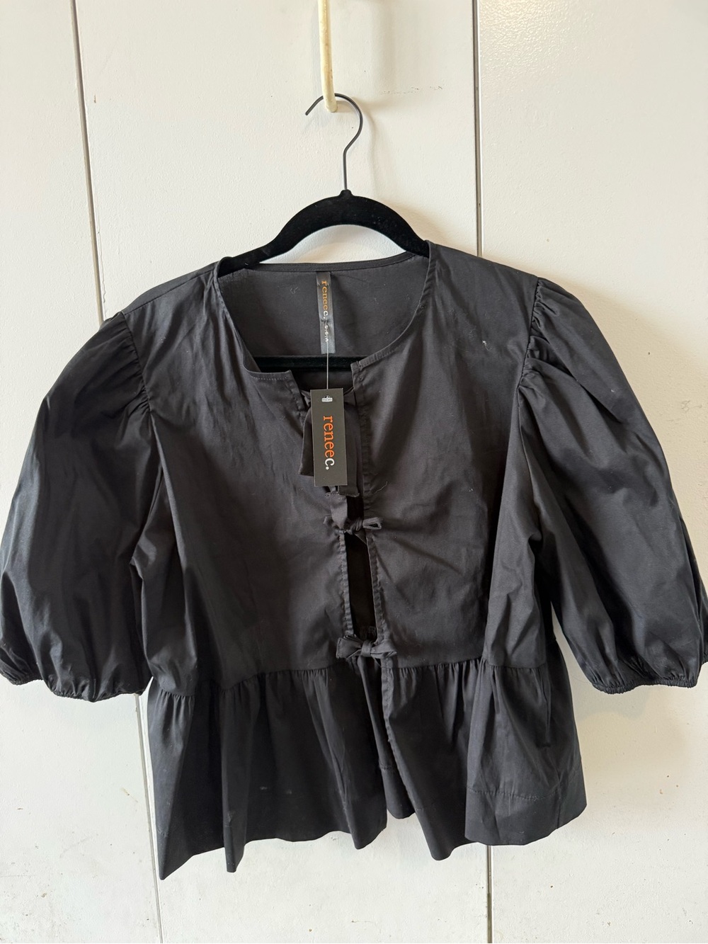 Renee C. Black Puff Sleeve Tie-Front Peplum Blouse